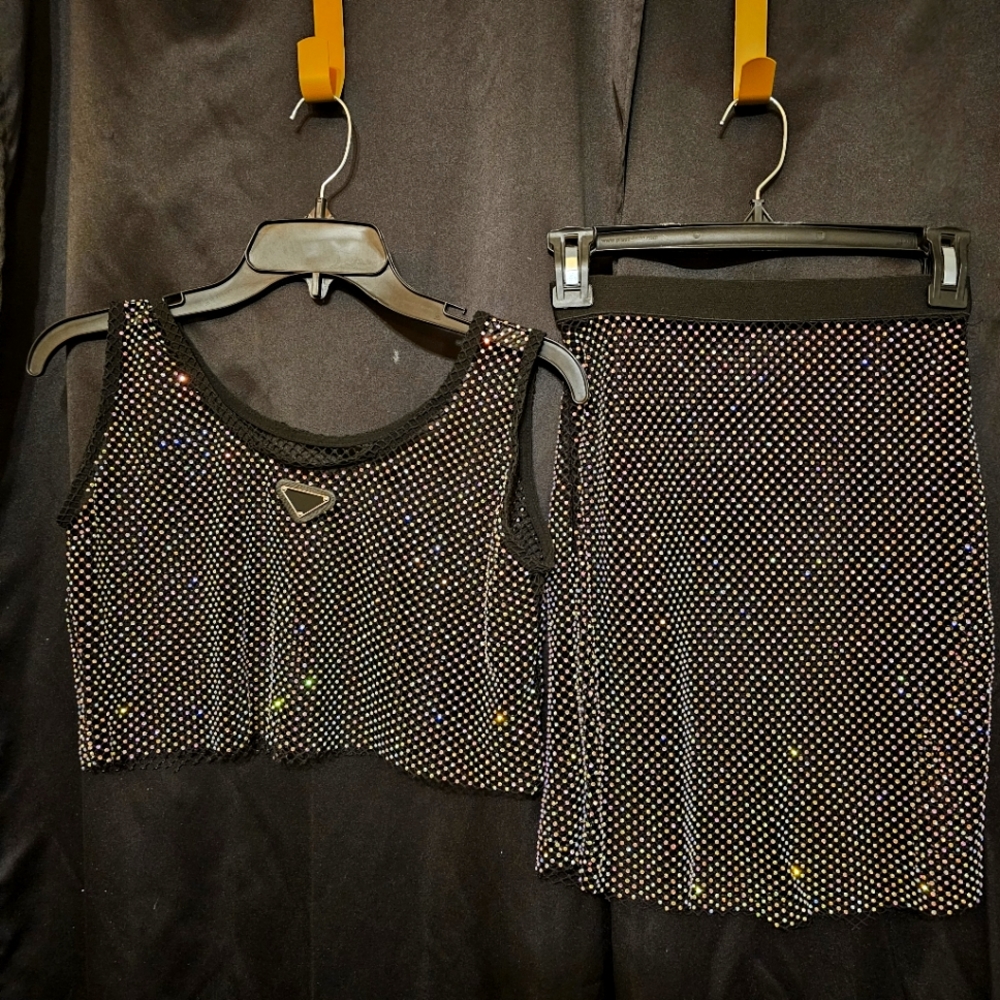 Mesh Crop Top and Skirt Sparkly Gems